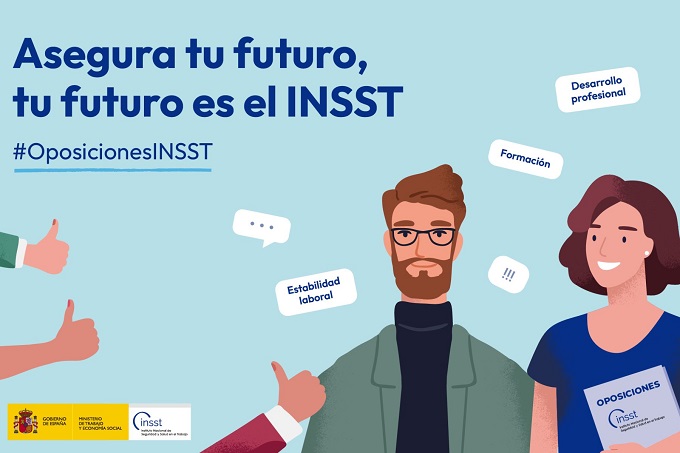Imagen de dos trabajadores que van a opositar al INSST y varias manos con los pulgares hacia arriba