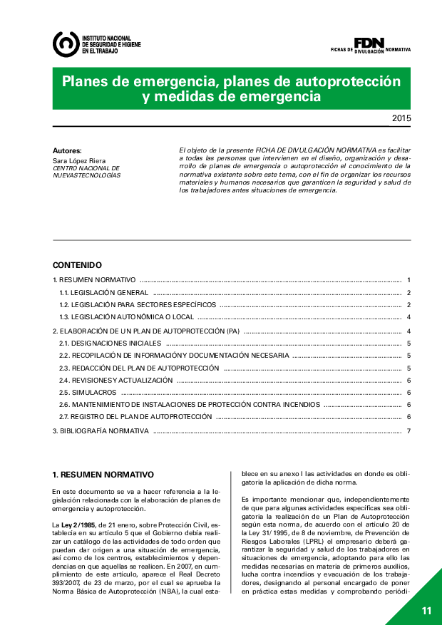 FDN-11 Planes de emergencia, planes de autoprotección y medidas de emergencia (2015).  (Vigente)