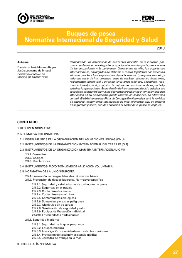 FDN-27. Buques de Pesca. Normativa internacional de seguridad y salud - Año 2013 (vigente)