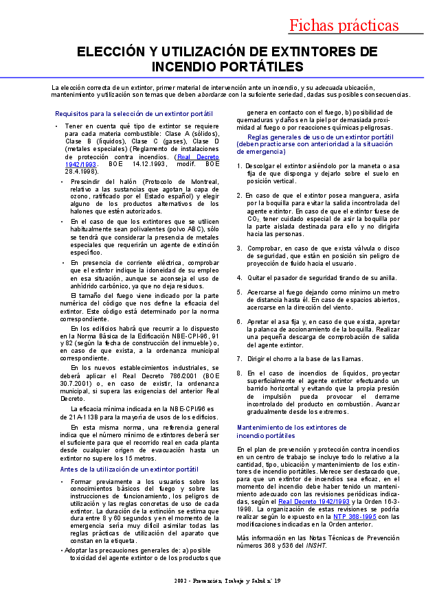 FP Revista SST 19. Elección y utilización de extintores de incendio portátiles- Año 2002
