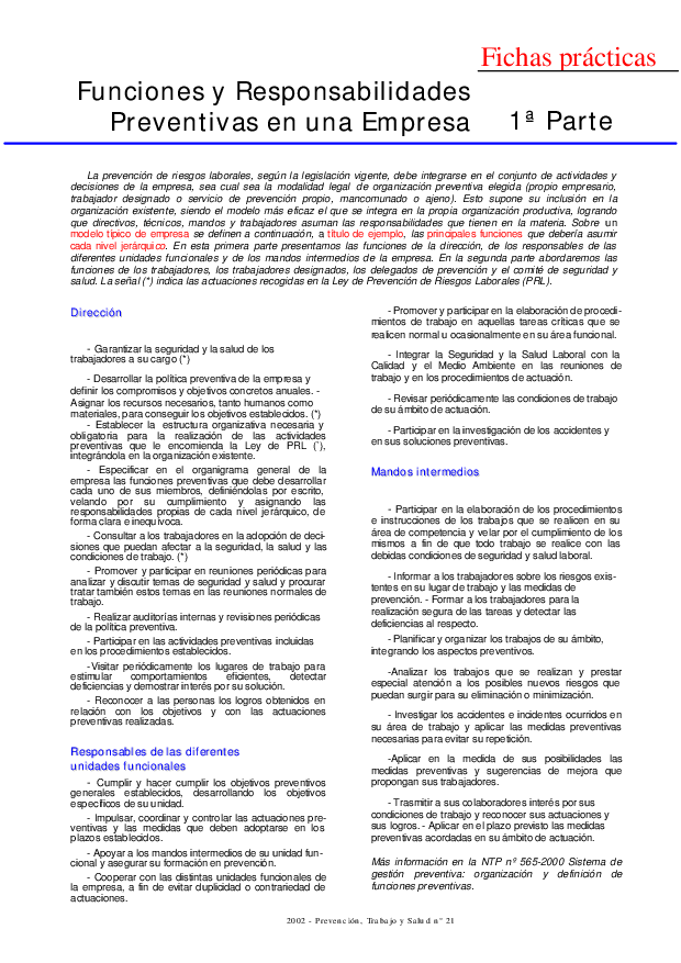 FP Revista SST 21. Funciones y Responsabilidades Preventivas en una Empresa. 1ª parte - Año 2002