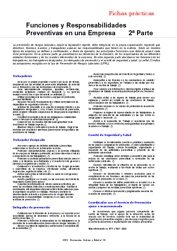 FP Revista SST 22. Funciones y Responsabilidades Preventivas en una Empresa. 2ª parte - Año 2002