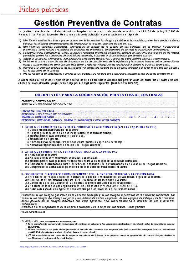 FP Revista SST 25. Gestión preventiva de contratas - Año 2003