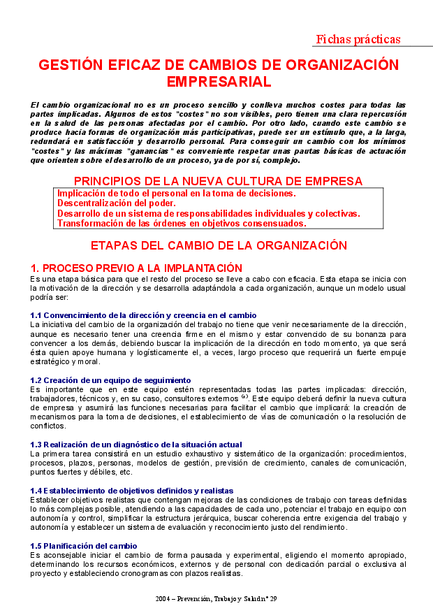 FP Revista SST 29. Gestión eficaz de cambios de organización empresarial - Año 2004