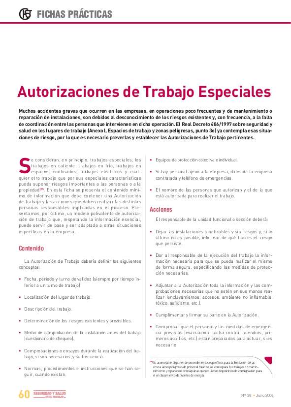 FP Revista SST 38. Autorizaciones de trabajo especiales - Año 2006