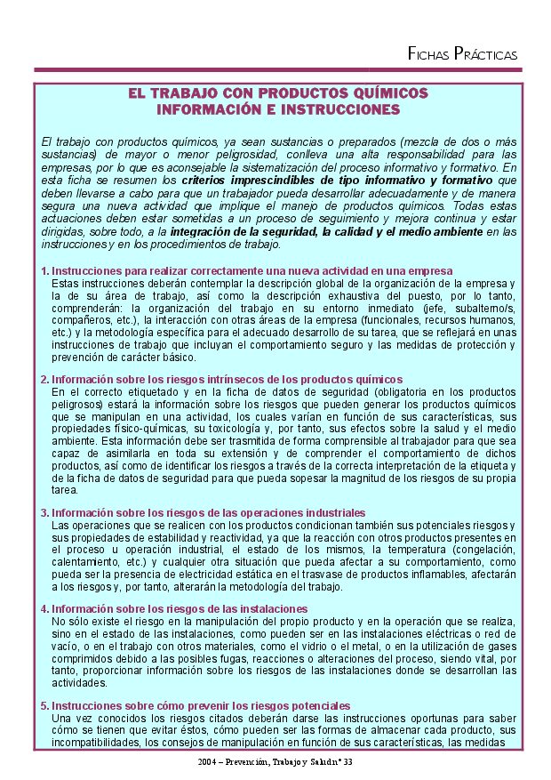 FP revista SST 33. El trabajo con productos químicos. Información e instrucciones - Año 2004