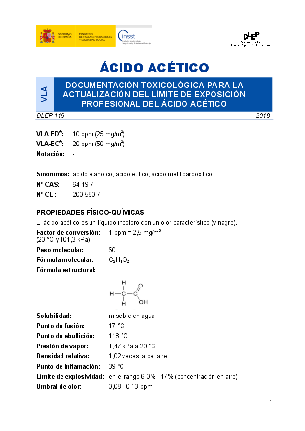 Primera página del documento DLEP 119 Ácido acético  Año 2018