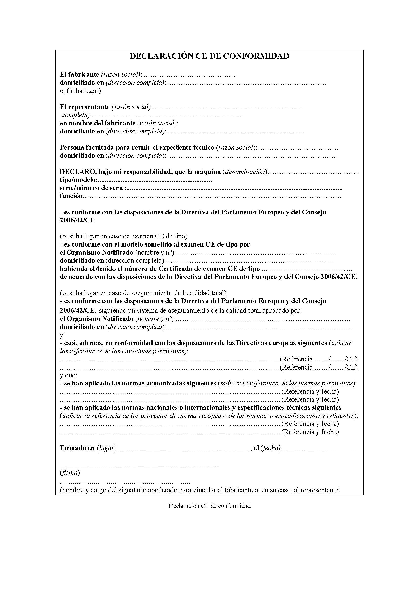 Formulario de declaración CE de conformidad