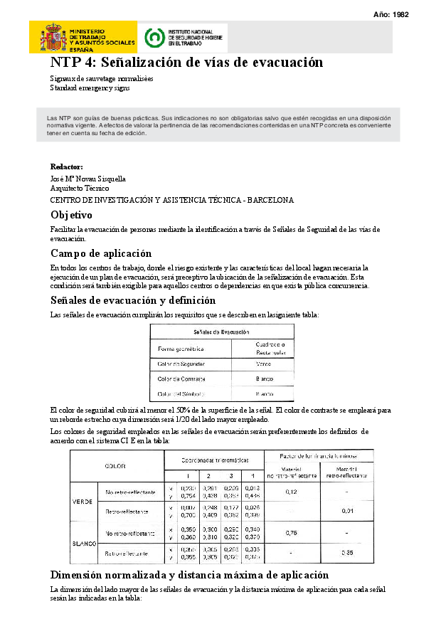 Primera página del documento NTP 4: Señalización de vías de evacuación