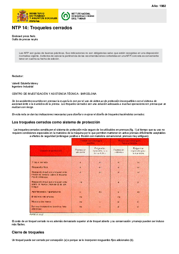 Primera página del documento NTP 14: Troqueles cerrados