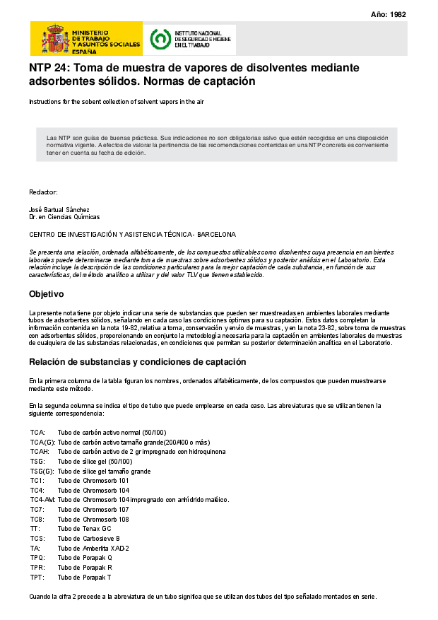 Primera página del documento NTP 24: Toma de muestra de vapores de disolventes mediante adsorbentes sólidos. Normas de captación