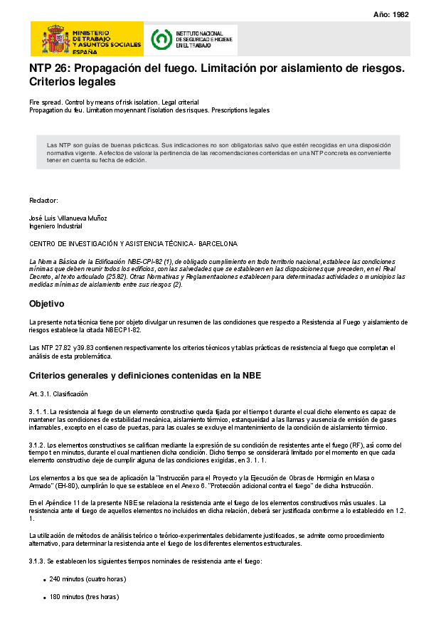 Primera página del documento NTP 26: Propagación del fuego. Limitación por aislamiento de riesgos. Criterios legales_duplicado