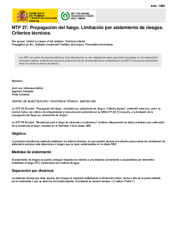 Primera página del documento NTP 27: Propagación del fuego. Limitación por aislamiento de riesgos. Criterios técnicos.