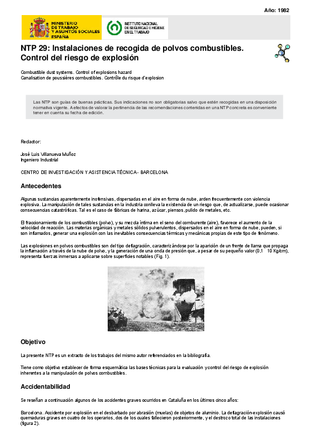 Primera página del documento NTP 29: Instalaciones de recogida de polvos combustibles. Control del riesgo de explosión