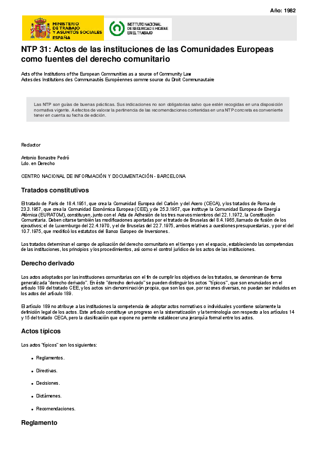 Primera página del documento NTP 31: Actos de las instituciones de las Comunidades Europeas como fuentes del derecho comunitario