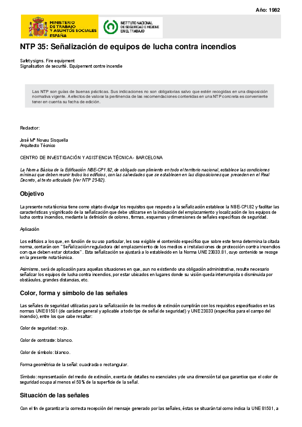 Primera página del documento NTP 35: Señalización de equipos de lucha contra incendios