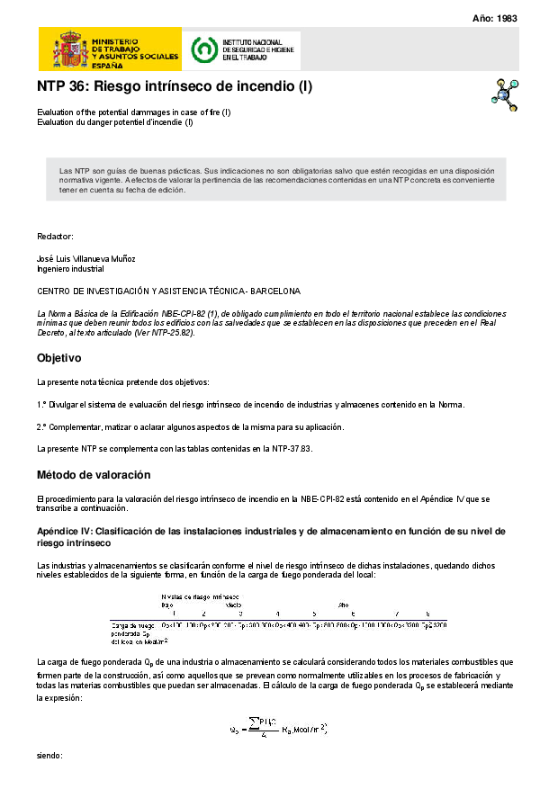 Primera página del documento NTP 36: Riesgo intrínseco de incendio (I)
