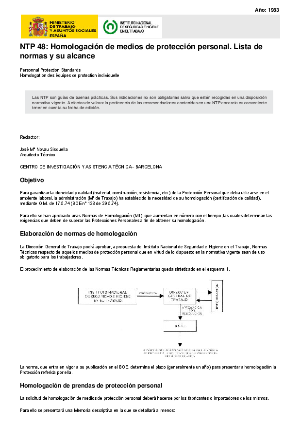 Primera página del documento NTP 48: Homologación de medios de protección personal. Lista de normas y su alcance