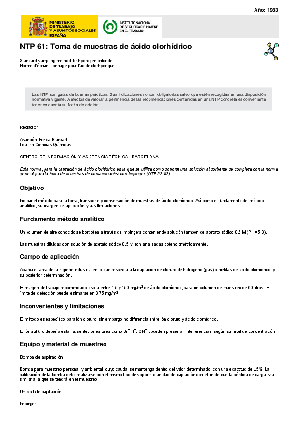 Primera página del documento NTP 61: Toma de muestras de ácido clorhídrico