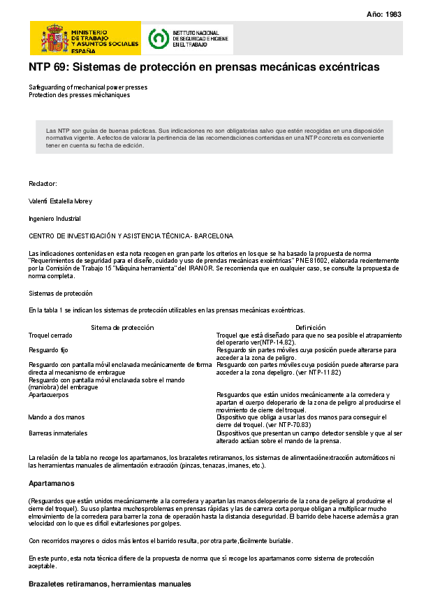 Primera página del documento NTP 69: Sistemas de protección en prensas mecánicas excéntricas