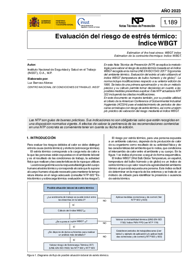 Primera página del documento NTP 1189: Evaluación del riesgo de estrés térmico: Índice WBGT - Año 2023