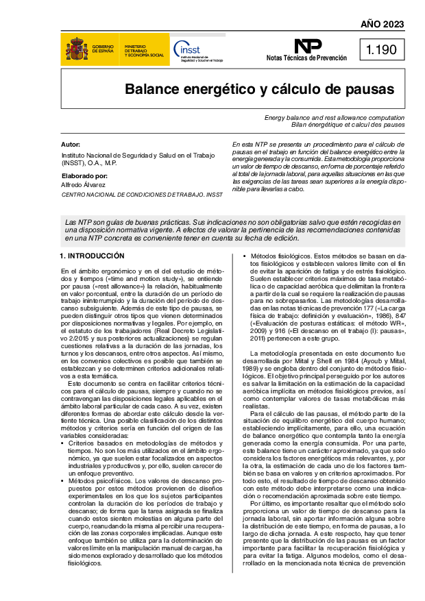 Primera página del documento NTP 1190: Balance energético y cálculo de pausas - Año 2023