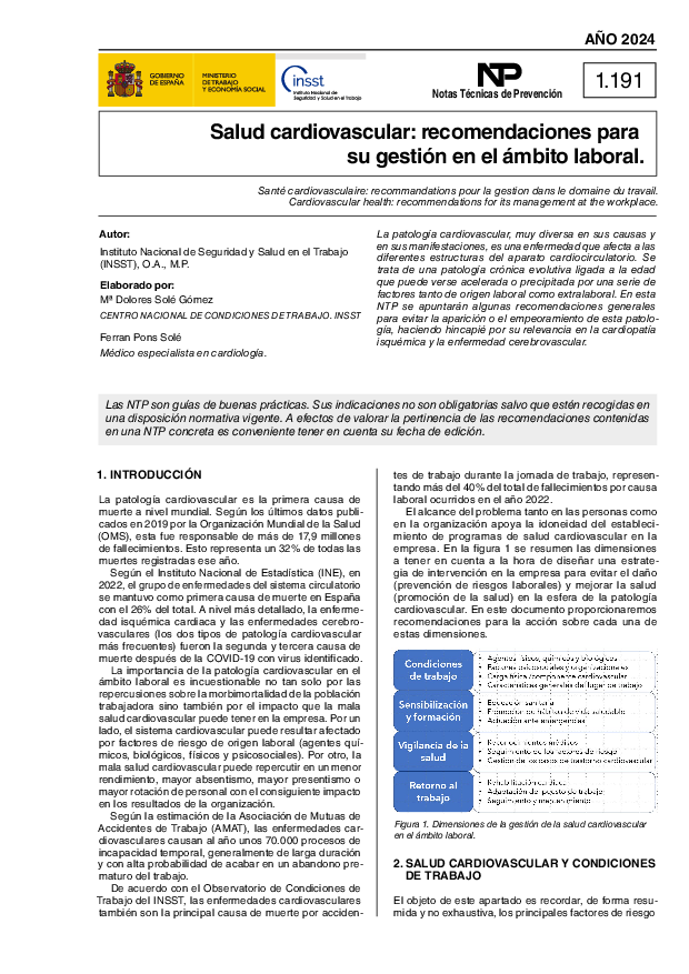 Primera página del documento NTP 1191: Salud cardiovascular: recomendaciones para su gestión en el ámbito laboral - Año 2024