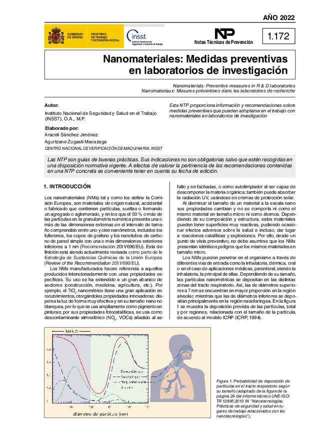 Primera página del documento NTP 1172: Nanomateriales: Medidas preventivas - Año 2022