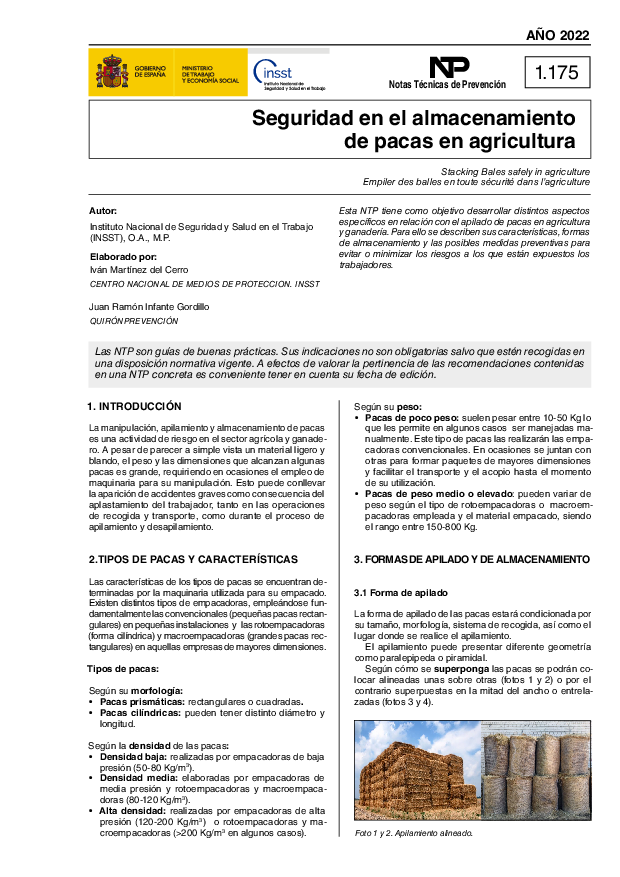 Primera página del documento NTP 1175: Seguridad en el almacenamiento de pacas en agricultura - Año 2022