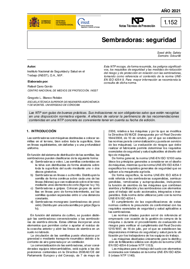 Primera página del documento NTP 1152: Sembradoras: seguridad - Año 2021