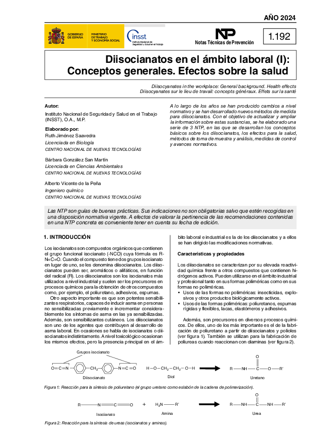 Primera página del documento NTP 1192: Diisocianatos en el ámbito laboral I Conceptos generales Efectos sobre la salud - Año 2024
