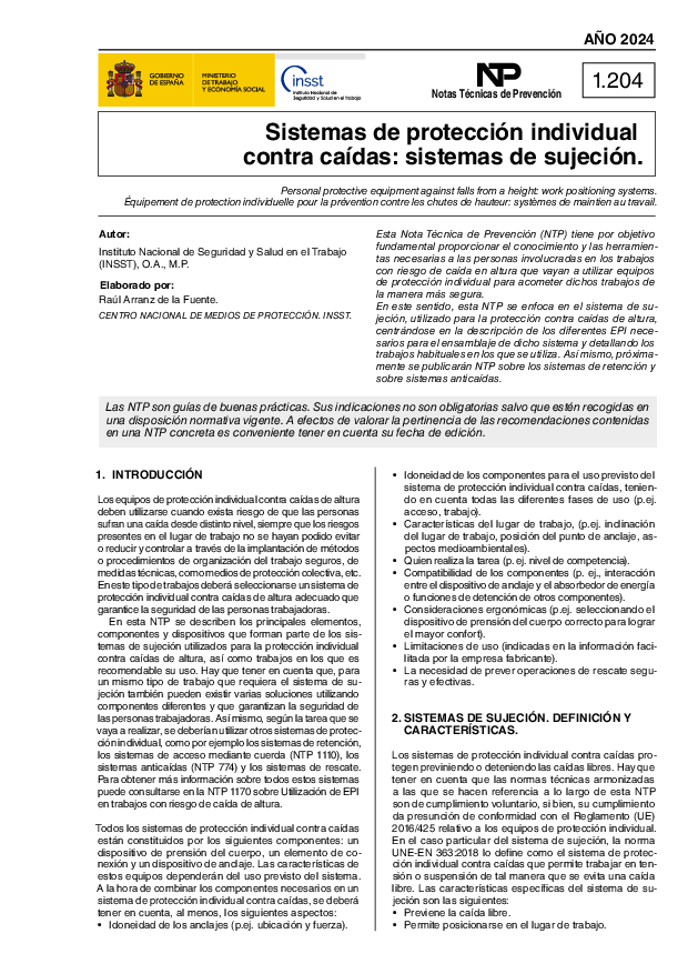 Primera página del documento NTP 1204: Sistemas de protección individual: sistemas de sujeción - Año 2024