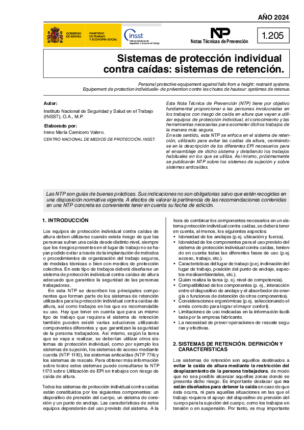 Primera página del documento NTP 1205: Sistemas de protección individual contra caídas: sistemas de retención - Año 2024