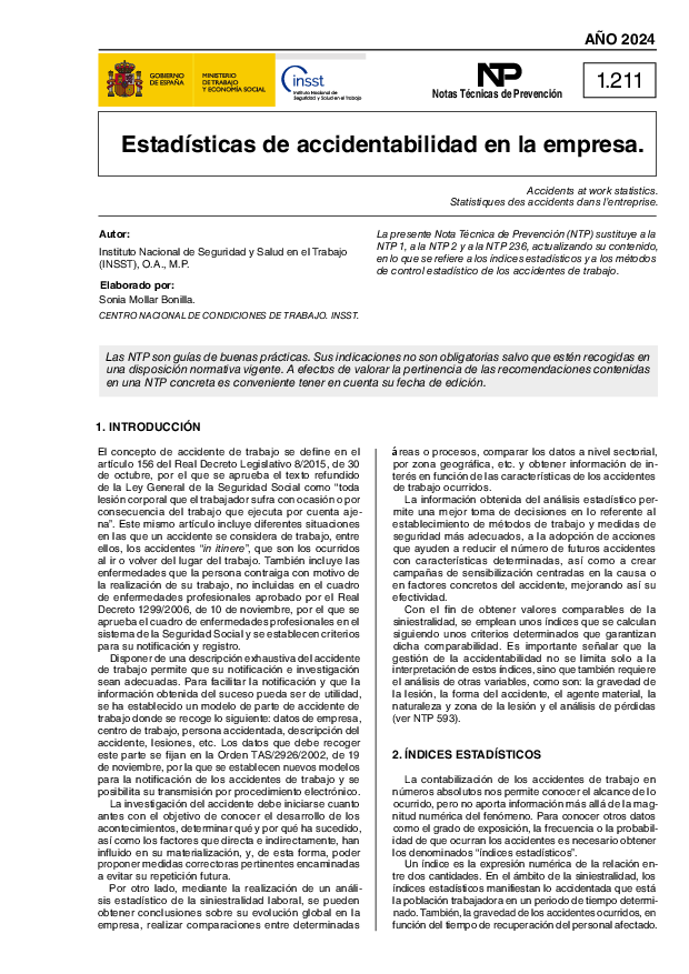 Primera página del documento NTP 1211: Estadísticas de accidentabilidad en la empresa - Año 2024