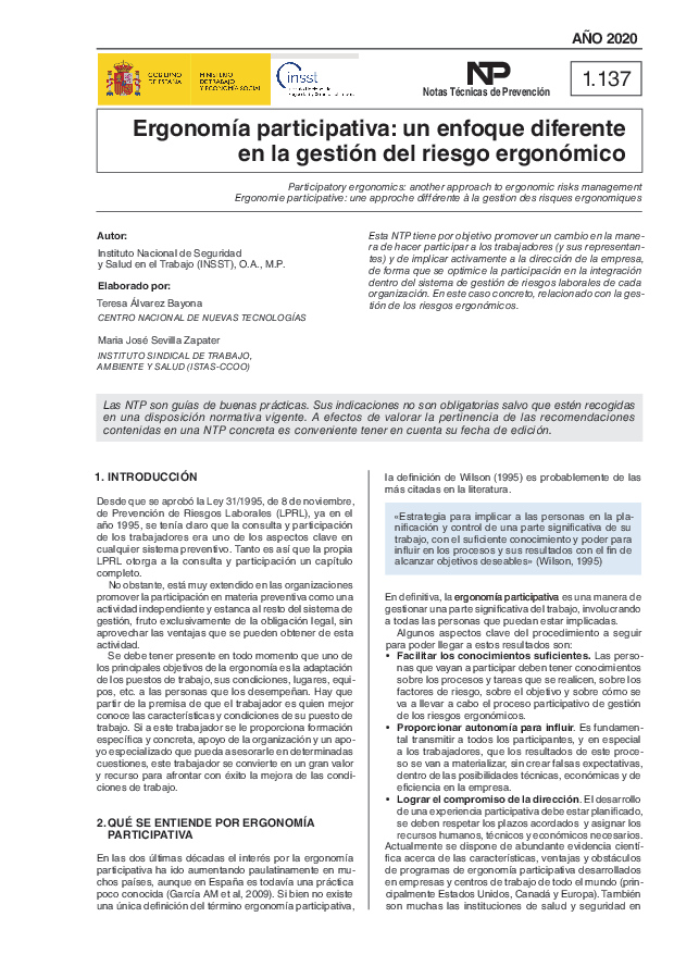 Primera página del documento NTP 1137: Ergonomía participativa: un enfoque diferente en la gestión del riesgo ergonómico - Año 2020