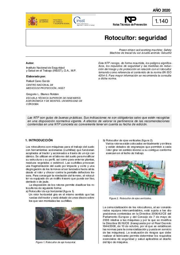 Primera página del documento NTP 1140: Rotocultor: seguridad - Año 2020