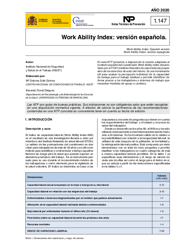 Primera página del documento NTP 1147: Work Ability Index: versión española - Año 2020