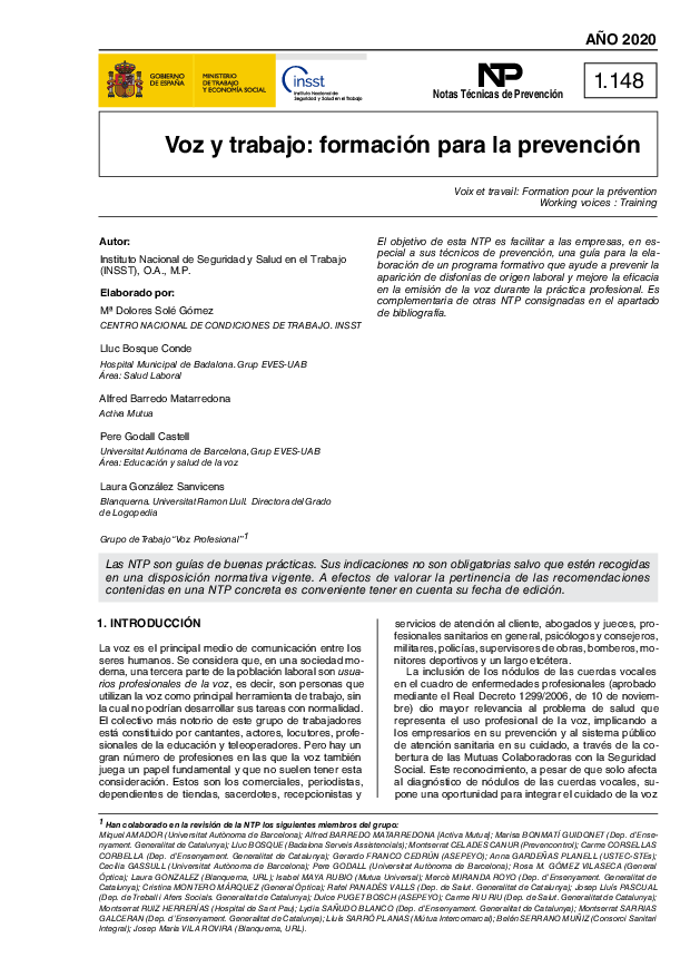 Primera página del documento NTP 1148: Voz y trabajo: formación para la prevención - Año 2020
