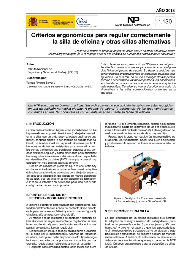 Primera página del documento NTP 1130: Criterios ergonómicos para regular correctamente la silla de oficina y otras sillas alternativas - Año 2018