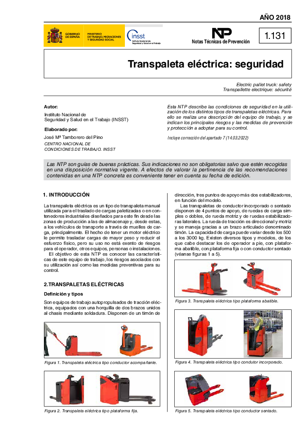 Primera página del documento NTP 1131: Transpaleta eléctrica: seguridad_duplicado
