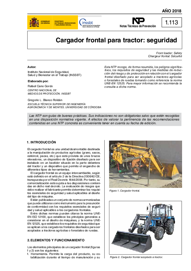 Primera página del documento NTP 1113: Cargador frontal para tractor: seguridad - Año 2018