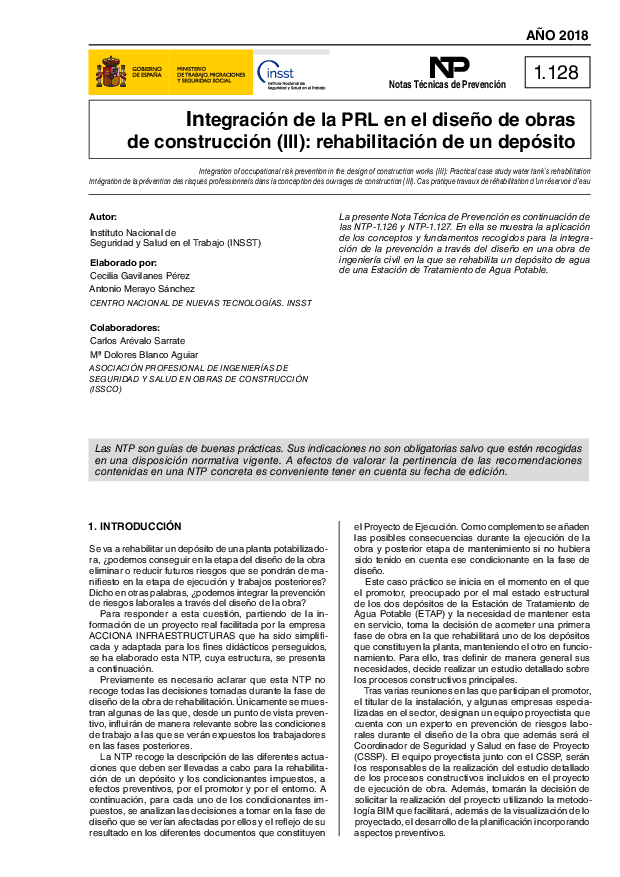 Primera página del documento NTP 1128: Integración de la PRL en el diseño de obras de construcción (III) - Año 2018