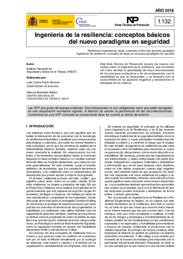 Primera página del documento NTP 1132: Ingeniería de la resiliencia: conceptos básicos del nuevo paradigma en seguridad - Año 2018