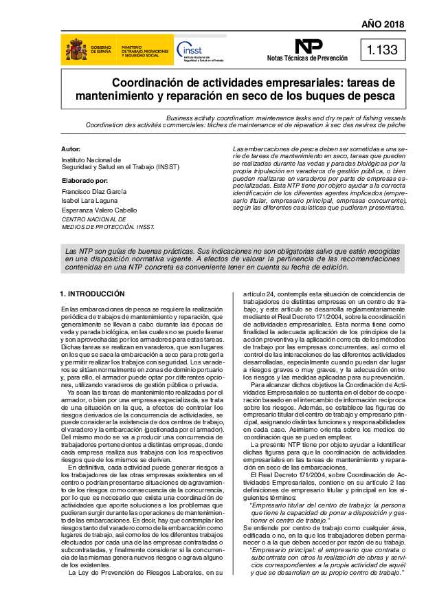 Primera página del documento NTP 1133: Coordinación de actividades empresariales: tareas de mantenimiento y reparación en seco de buques de pesca - Año 2018