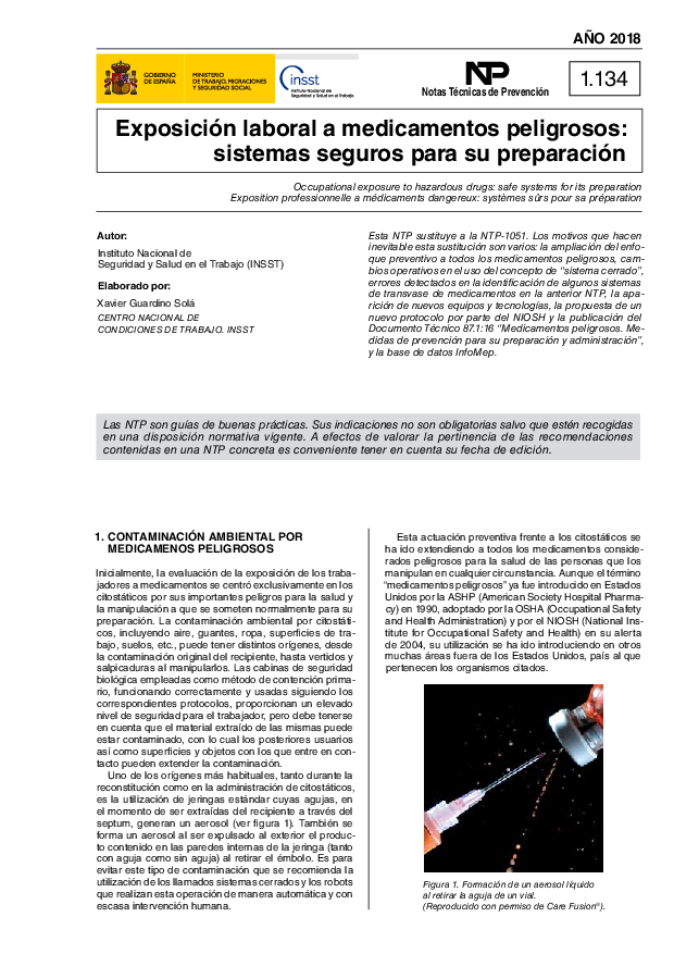 Primera página del documento NTP 1134: Exposición laboral a medicamentos peligrosos: sistemas seguros para su preparación - Año 2018