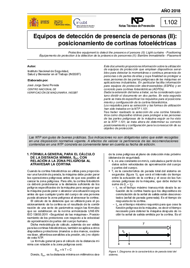 Primera página del documento NTP 1102: Equipos de detección de presencia de personas (II): posicionamiento de cortinas fotoeléctricas - Año 2018