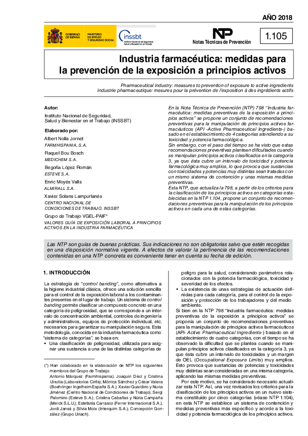 Primera página del documento NTP 1105: Industria farmacéutica: medidas para la prevención de la exposición a principios activos - Año 2018