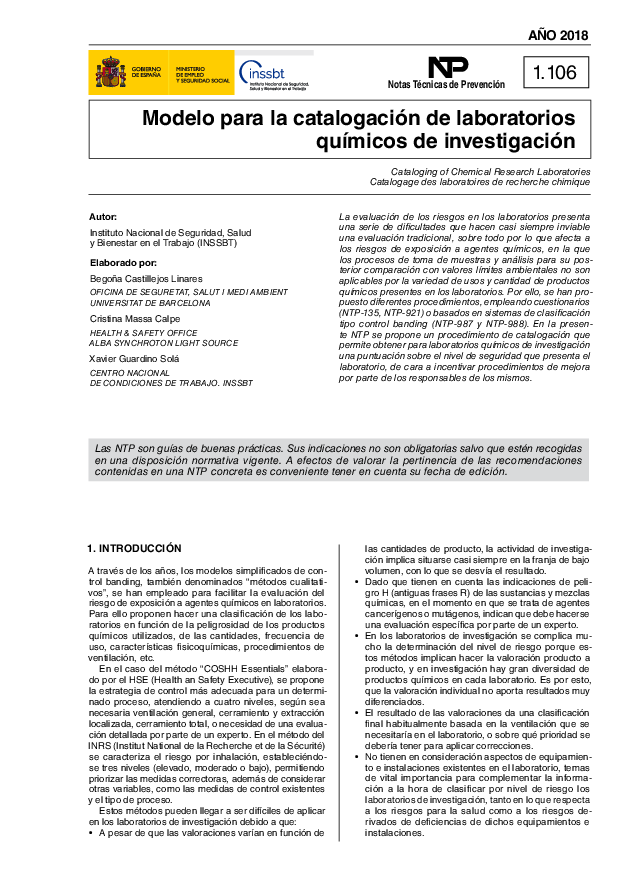 Primera página del documento NTP 1106: Modelos para la catalogación de laboratorios químicos de investigación - Año 2018