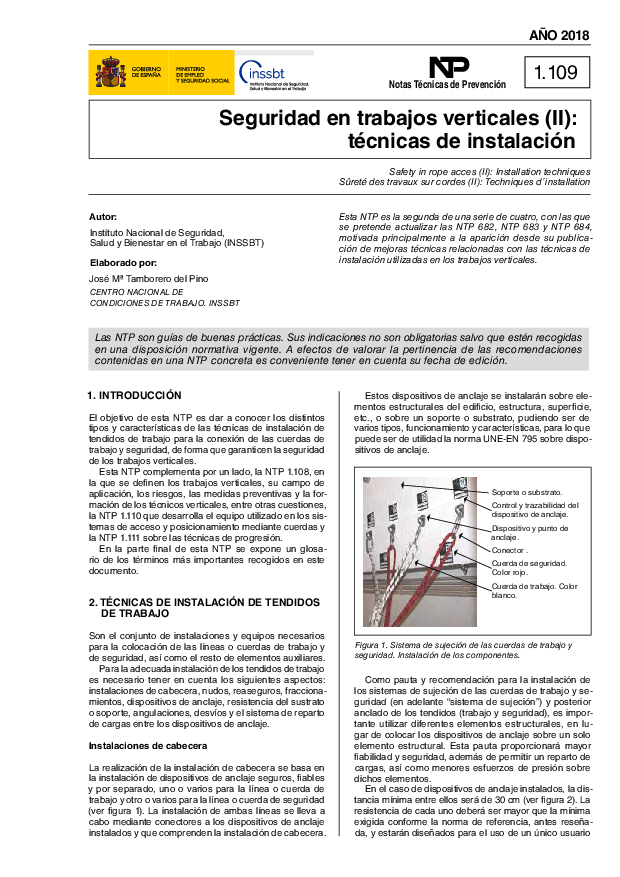 Primera página del documento NTP 1109: Seguridad en trabajos verticales (II) - Año 2018