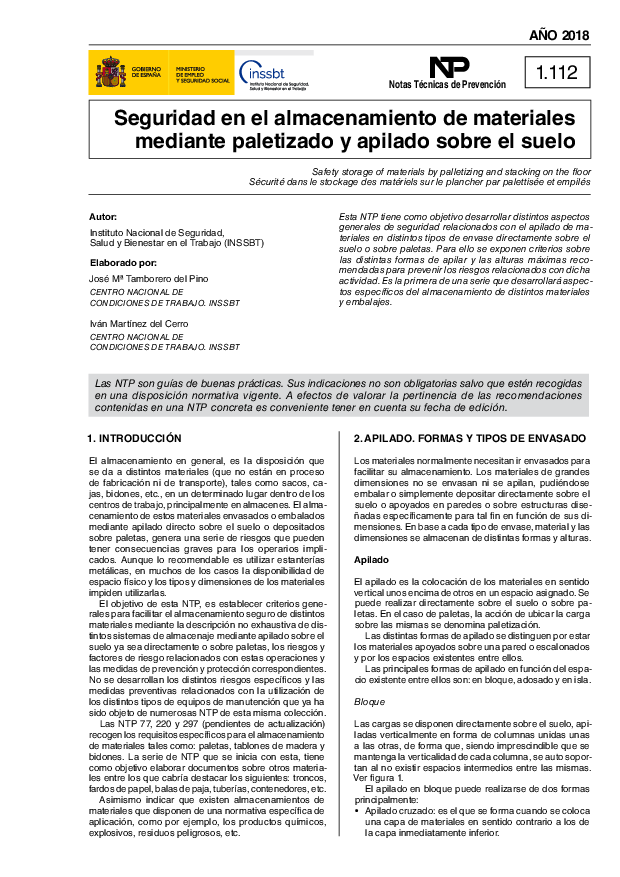 Primera página del documento NTP 1112: Seguridad en el almacenamiento de materiales mediante paletizado y apilado sobre el suelo - Año 2018